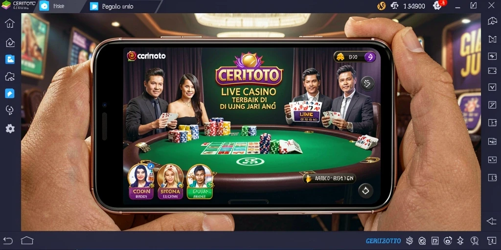 Screenshot permainan <strong>CERITOTO</strong> menampilkan dealer live dan interaksi nyata dengan pemain.