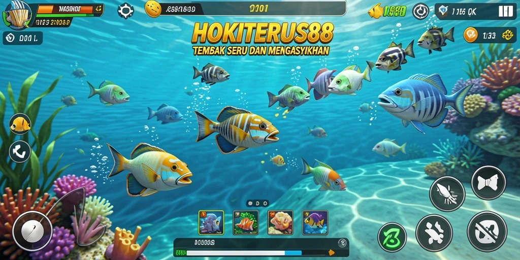 Screenshot permainan HOKITERUS88 menampilkan aksi tembak ikan yang seru.