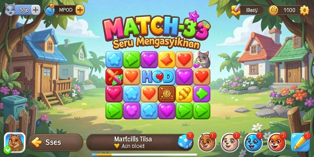 Tampilan gameplay seru MPOID dengan elemen match-3 yang berwarna-warni.