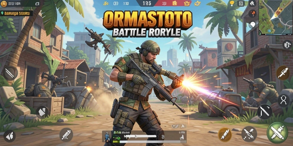 Tampilan seru pertarungan dalam ORMASTOTO, aksi Battle Royale yang mendebarkan.