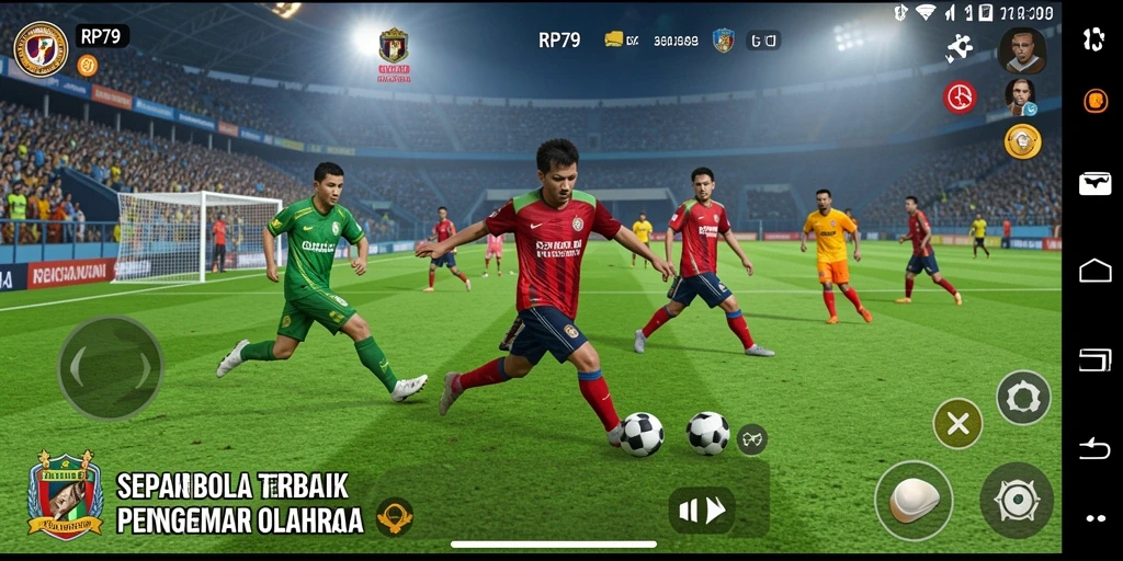 Screenshot utama RP79 menampilkan aksi di lapangan sepak bola yang seru.