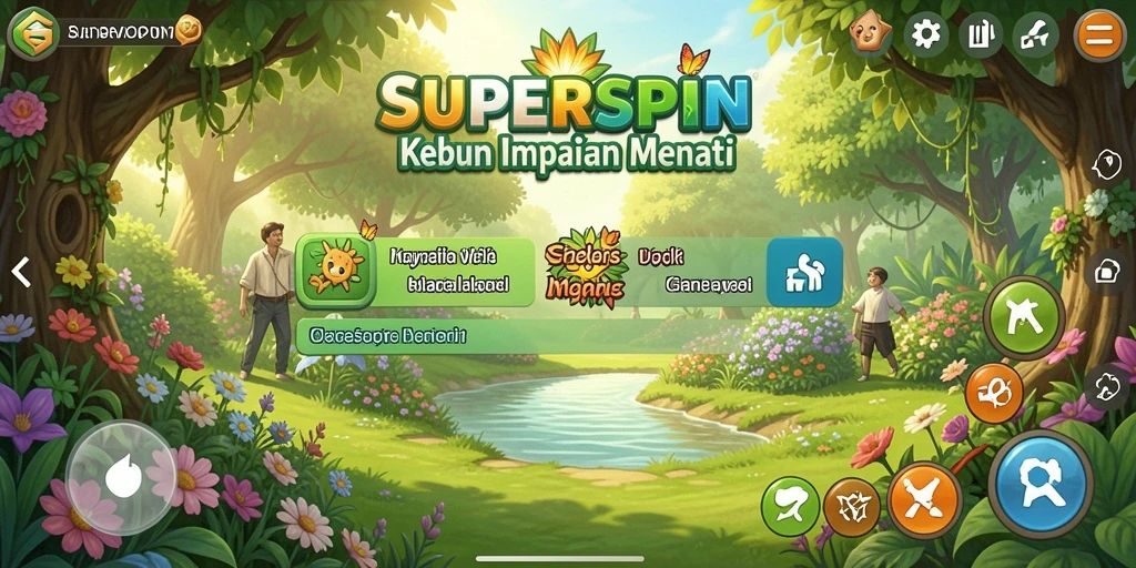 Tangkapan layar SUPERSPIN menampilkan kebun virtual yang penuh warna dan aktivitas bercocok tanam.
